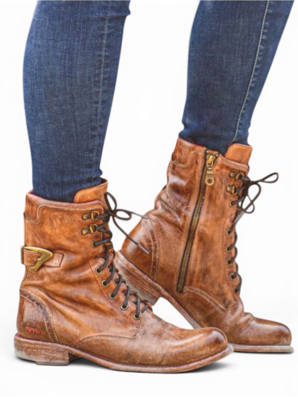 Bed Stu – Anne Distressed Leather Lace-Up Moto Boots – Cognac Brown – Sz. 9